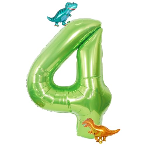 Dino Zahlen Luftballon 4. Geburtstag,40 Zoll Grün Zahlenballon 4 mit Dino Folienballon, Geburtstagsdeko 4 Jahre Junge Mädchen, Dino Zahlen Helium Ballon 4, Ballons 4 für Geburtstag Jubiläum Party Deko von Dazzjoy