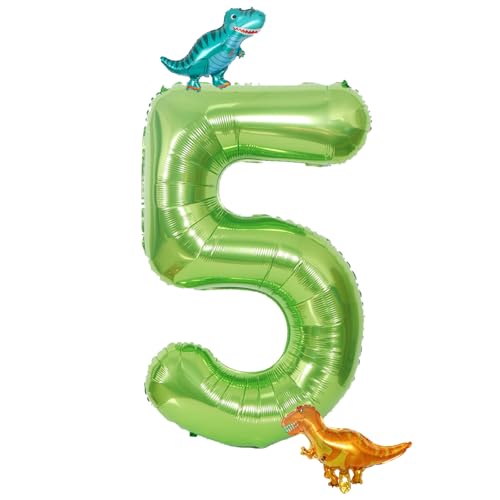 Dino Zahlen Luftballon 5. Geburtstag,50 Zoll Grün Zahlenballon 5 mit Dino Folienballon, Geburtstagsdeko 5 Jahre Junge Mädchen, Dino Zahlen Helium Ballon 5, Ballons 5 für Geburtstag Jubiläum Party Deko von Dazzjoy