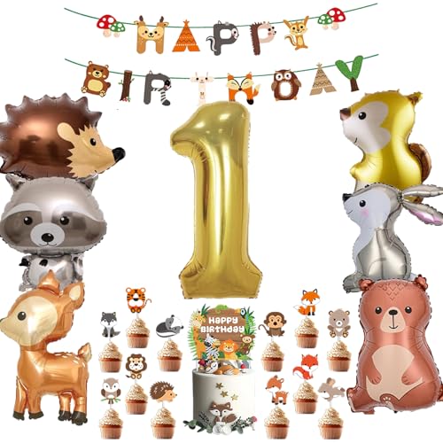DazzJoy Dschungel Geburtstagsdeko 1 Jahr Junge Mädchen, Dschungel Deko 1. Geburtstag Junge, Wild One Geburtstag Deko, Waldtiere Safari Deko Geburtstag 1 Jahr Junge, Ballon 1 Geburtstag Junge Deko von Dazzjoy