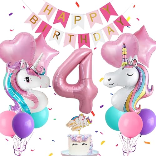 DazzJoy Einhorn Luftballon 4. Geburtstag Mädchen, Einhorn Luftballons 4 Jahre Mädchen, Einhorn Geburtstagsdeko 4 Jahre Mädchen, Einhorn Folienballon 4 Geburtstag Mädchen Deko, Einhorn Ballon 4 Jahre von Dazzjoy