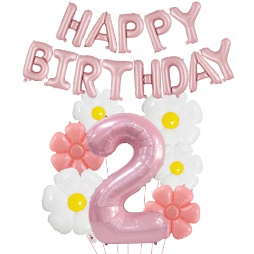 DazzJoy Geburtstagsdeko 2 Jahre Mädchen mit Gänseblümchen Folienballon, Luftballon Deko 2. Geburtstag Mädchen Junge, Folienballon 2 Jahre Rosa, Happy Birthday Ballon 1 Geburtstag Mädchen Deko von Dazzjoy