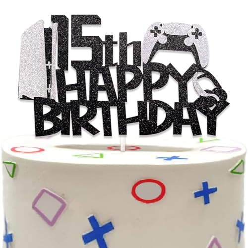 DazzJoy Glitter Gaming Tortendeko 15 Geburtstag Junge Mädchen,Videospiel Torten Deko 15. Geburtstag Junge,Gamer Kuchendeko Geburtstag 15 Jahre Junge,Cake Topper 15 Geburtstag,Gamer Deko von Dazzjoy