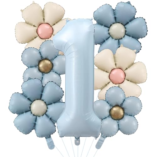 DazzJoy Geburtstagsdeko 1 Jahr Mädchen mit Gänseblümchen Folienballon, Luftballon 1. Geburtstag Mädchen Junge Deko, Zahlen Ballon1 Blau, Luftballons Geburtstag 1 Jahr Junge, Erster Geburtstage Mädchen von Dazzjoy