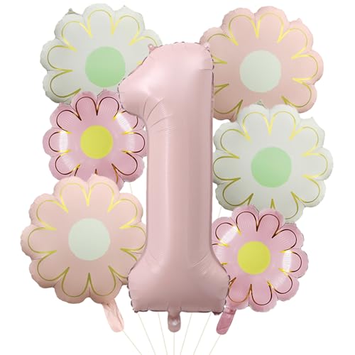 DazzJoy Geburtstagsdeko 1 Jahr Mädchen mit Gänseblümchen Folienballon, Luftballon Deko 1. Geburtstag Mädchen Junge, Ballon 1 Geburtstag Mädchen, Deko Kindergeburtstag 1 Jahr, Rosa Luftballons Zahlen 1 von Dazzjoy