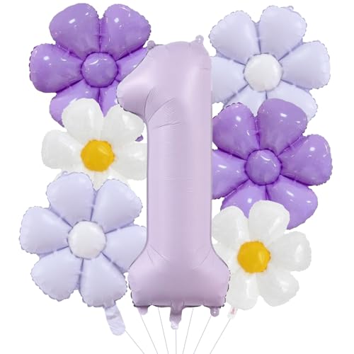 DazzJoy Geburtstagsdeko 1 Jahr Mädchen mit Gänseblümchen Folienballon, Luftballon Deko 1. Geburtstag Mädchen Junge, Ballon 1 Geburtstag Mädchen Deko, Helium Ballons 1 Lila für Kindergeburtstag Deko von Dazzjoy