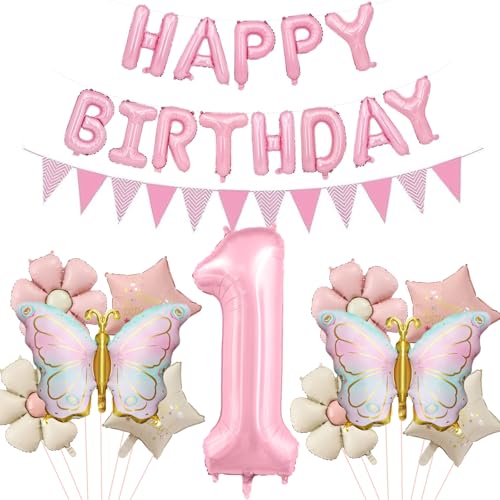 DazzJoy Geburtstagsdeko 1 Jahr Mädchen mit Schmetterlinge Folienballon, Schmetterling Luftballon Deko 1. Geburtstag Mädchen, Happy Birthday Ballon 1 Geburtstag Mädchen Deko, Erster Geburtstage Mädchen von Dazzjoy