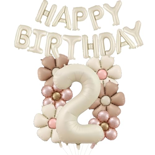DazzJoy Geburtstagsdeko 2 Jahre Mädchen mit Gänseblümchen Folienballon, Luftballon Deko 2. Geburtstag Mädchen Junge, Folienballon 2 Jahre Creme, Happy Birthday Ballon 1 Geburtstag Mädchen Deko von Dazzjoy