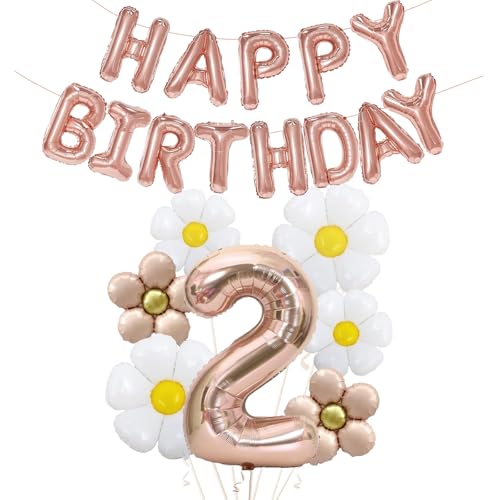 DazzJoy Geburtstagsdeko 2 Jahre Mädchen mit Gänseblümchen Folienballon, Luftballon Deko 2. Geburtstag Mädchen Junge, Folienballon 2 Jahre Rosegold, Happy Birthday Ballon 1 Geburtstag Deko von Dazzjoy