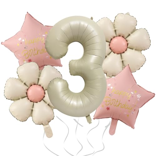 DazzJoy Geburtstagsdeko 3 Jahre Mädchen mit Gänseblümchen Folienballon, Luftballon 3 Jahre Mädchen Junge, Luftballons Geburtstag 3 Jahr Mädchen, Ballon 3 Geburtstag von Dazzjoy
