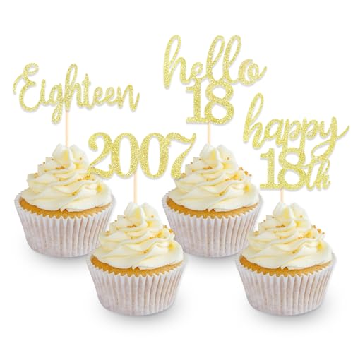 DazzJoy 24 Stk Glitzer Cupcake Topper 18. Geburtstag, Gold, Torten Deko 18. Geburtstag Junge Mädchen von Dazzjoy