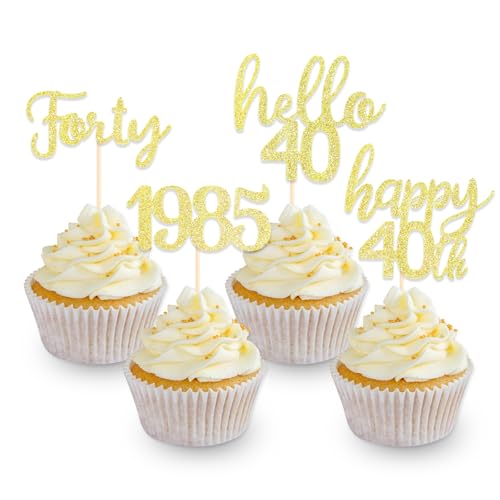 DazzJoy 24 Stk Glitzer Cupcake Topper 40 Geburtstag Männer Frauen,Gold Tortendeko 40. Geburtstag Männer,Happy 40th Birthday Torten Deko,Hello 40 Cake Topper,Kuchendeko 40. Geburtstag Deko von Dazzjoy