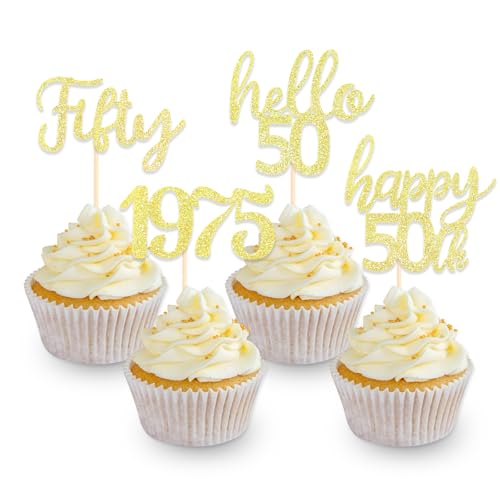 DazzJoy 24 Stk Glitzer Tortendeko 50 Geburtstag Frau Mann,Cupcake Topper 50 Geburtstag Deko Gold,Torten Deko 50. Geburtstag Mann,Happy 50th Birthday Cake Topper,50. Geburtstag Kuchendeko,Hello 50 Deko von Dazzjoy