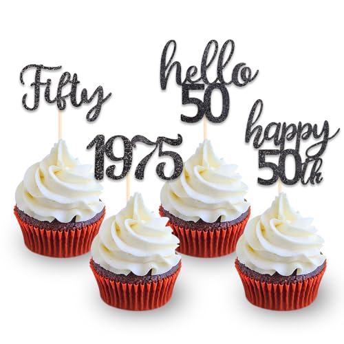 DazzJoy 24 Stk Glitzer Cupcake Topper 50 Geburtstag Deko,Schwarz Tortendeko 50 Geburtstag Frau,Happy 50th Birthday Cake Topper,Kuchendeko 50. Geburtstags Mann,Tortendeko 50,Hello 50 von Dazzjoy