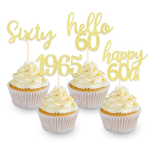 DazzJoy 24 Stk Tortendeko 60 Geburtstag Frau,Glitzer Cake Topper 60 Geburtstag Deko Gold,Cupcake Topper 60 Geburtstag Frau Deko,Happy 60th Birthday Torten Deko Mann,Kuchendeko 60. Geburtstag Deko von Dazzjoy