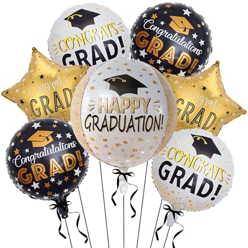 DazzJoy Graduation Deko 2025 Luftballons, 7 Stück Congrats Prüfung Bestanden Deko Helium Ballons, Abitur 2025 Deko Bachelor Deko Folienballon, Abschluss Deko Luftballon, Doktorhut Deko Folienballons von Dazzjoy
