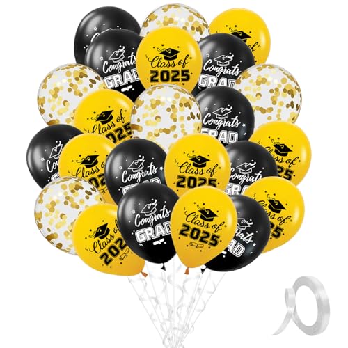 DazzJoy 25 Stück Graduation Deko 2025 Luftballons Schwarz Gold mit Doktorhut Deko, Congrats Prüfung Bestanden Deko Helium Ballon, Abi 2025 Deko Ballons, Bachelor Deko Ballon, Abschluss Deko Luftballon von Dazzjoy