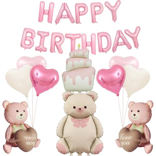 DazzJoy Happy Birthday Ballon Bär Rosa, XXL Luftballon Tiere Ballons Bär, Folienballon Geburtstag Tiere Bären Geburtstag Deko, Helium Luftballons Tiere Bär für Kindergeburtstag Deko Mädchen, Babyparty von Dazzjoy