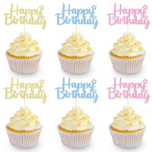 DazzJoy 24 Stück Happy Birthday Tortendeko Mädchen Jungen,Glitzer Cupcake Topper Happy Birthday,Cake Topper Geburtstag Mann Frau,Tortendeko Geburtstag von Dazzjoy