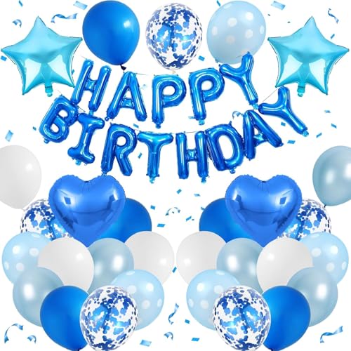 DazzJoy Happy Birthday Ballon Blau Weiß Set, Geburtstagsdeko Ballons Blau Weiß, Luftballons Geburtstag Deko, Happy Birthday Folienballon für Kindergeburtstag Deko Mädchen Junge, Geburtstag Party Deko von Dazzjoy