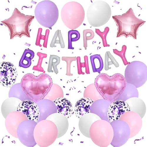 DazzJoy Happy Birthday Ballon Lila Rosa Set, Geburtstagsdeko Lila Rosa Ballons, Helium Luftballons Geburtstag Deko, Bunte Happy Birthday Luftballon für Kindergeburtstag Deko Mädchen, Frau Deko von Dazzjoy