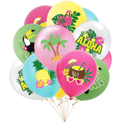 DazzJoy Hawaii Deko Ballons, 12 Stück Hawaii Party Deko Luftballons, Flamingo Deko Ballon, Ananas Deko Luftballon, Hawaii Deko Aloha Helium Ballons für Gartenparty Deko Draußen Sommer, Strand Tropisch von Dazzjoy