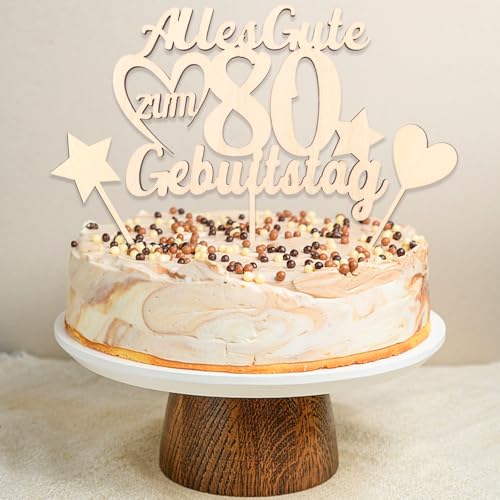 DazzJoy 3 Stk Holz Cake Topper 80. Geburtstag Deko - Tortendeko für Mann und Frau, Kuchendeko, Alles Gute zum 80. von Dazzjoy