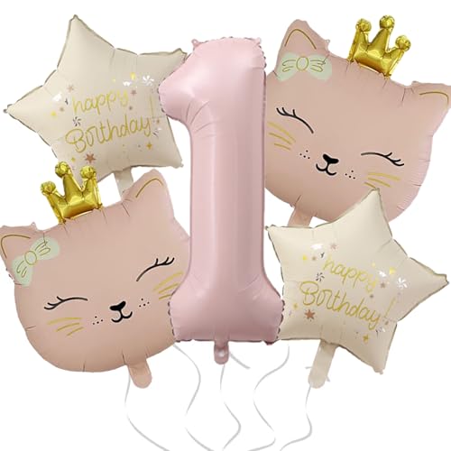 DazzJoy Katze Geburtstagsdeko 1 Jahr Mädchen, Luftballon Deko 1. Geburtstag Mädchen Junge, Katzen Ballon 1 Geburtstag Mädchen, Katze Luftballons Geburtstage 1 Jahr, Rosa Folienballon 1 von Dazzjoy