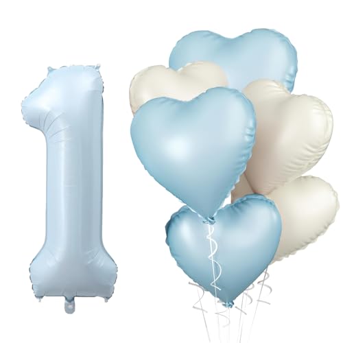 DazzJoy Luftballon 1. Geburtstag Deko Blau, 40 Zoll Blau Luftballons Zahlen 1, Geburtstagsdeko 1 Jahr Junge Mädchen, Herz Ballon 1 Geburtstag Junge Mädchen Deko, Folienballon Zahl 1 von Dazzjoy