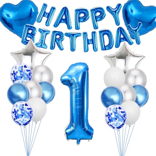 DazzJoy Luftballon 1. Geburtstag Blau, 32 Zoll Blau Luftballons Zahlen 1, Happy Birthday Ballon 1 Geburtstag Junge, Folienballon Zahl 1 Jahr Geburtstag Junge, Luftballons Deko 1. Geburtstag Junge von Dazzjoy