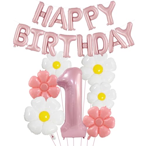 DazzJoy Geburtstagsdeko 1 Jahr Mädchen mit Gänseblümchen Folienballon, Luftballon Deko 1. Geburtstag Mädchen Junge, Rosa Happy Birthday Ballon 1 Geburtstag Mädchen Deko, Erster Geburtstage Mädchen von Dazzjoy