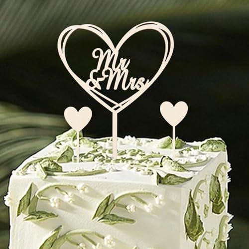 DazzJoy Mr & Mrs Deko Hochzeit Torte,Holz Cake Topper Hochzeit,3 Stück Tortendeko Hochzeitstorte Deko,Cake Topper Mr und Mrs Tortenstecker,Herz Kuchendeko Verlobung Jubiläum Antrag von Dazzjoy