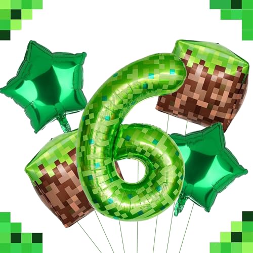 DazzJoy Pixel Geburtstagsdeko 6 Jahre Junge, Pixel Miner Luftballon 6. Geburtstag Junge, Grün Pixel 40 Zoll Folienballon Zahlen 6, Videospiele Luftballons Geburtstag 6 Jahre Jungen, Zahl Ballon 6 von Dazzjoy