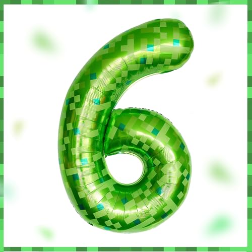 DazzJoy Pixel Luftballon 6. Geburtstag,40 Zoll Grün Miner Game Zahlenballon 6,Pixel Miner Folienballon 6 Jahre Junge Mädchen,Zahl 6 Luftballon für Kindergeburtstag Deko,6 Jahre Pixel Spiel Thema Party von Dazzjoy