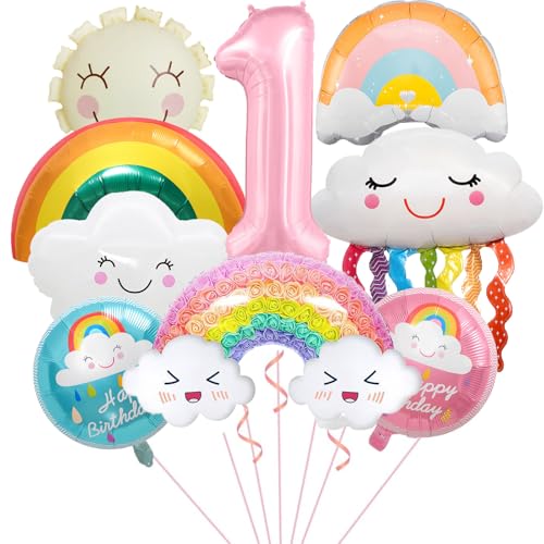 DazzJoy Geburtstagsdeko 1 Jahr Mädchen mit Regenbogen Wolken Sonne Folienballon, Luftballon 1. Geburtstag Mädchen Junge Deko, Luftballons Geburtstag 1 Jahr Mädchen, Ballon 1 Rosa für Kindergeburtstag von Dazzjoy