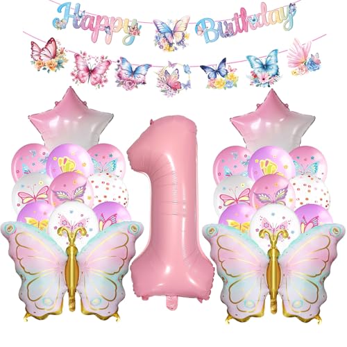 DazzJoy Schmetterling Geburtstagsdeko 1 Jahr Mädchen mit Happy Brithday Banner, Schmetterling Luftballon Deko 1. Geburtstag Mädchen, Erster Geburtstag Mädchen von Dazzjoy
