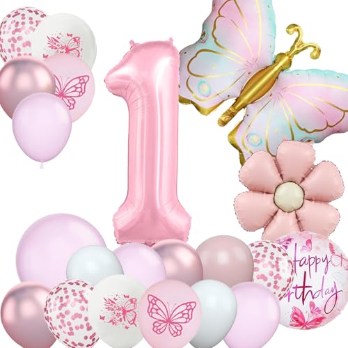 DazzJoy Schmetterling Luftballon Deko 1. Geburtstag Mädchen, Folienballon 1 Jahr Geburtstag Mädchen, Luftballons Zahlen 1 Rosa, Geburtstagsdeko 1 Jahr Mädchen mit Schmetterlinge Folienballon von Dazzjoy