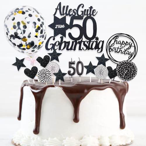 DazzJoy 19 Stk Tortendeko 50 Geburtstag Frau Mann,Glitter 50 Geburtstag Frau Deko Torte,Kuchen Deko 50. Geburtstag Mann,Kuchendeko 50. Geburtstagskerzen,Schwarz Cake Topper Geburtstag 50 von Dazzjoy