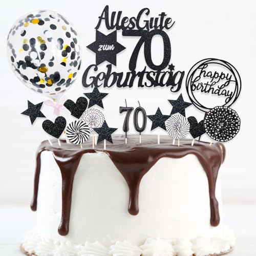 DazzJoy 19 Stk Tortendeko 70. Geburtstag - Glitzer Kuchen Topper Schwarz für Frau und Mann Mit Geburtstagskerzen von Dazzjoy