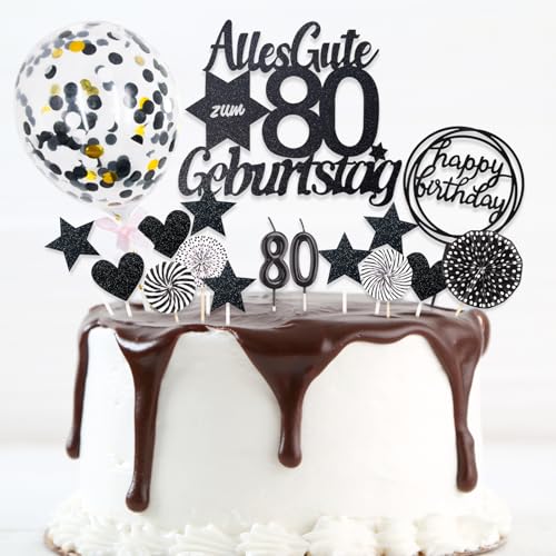 DazzJoy 19 Stk Glitter Torten Deko 80. Geburtstag - Cake Topper Schwarz für Frau und Mann, Alles Gute zum Geburtstag Kuchendeko von Dazzjoy