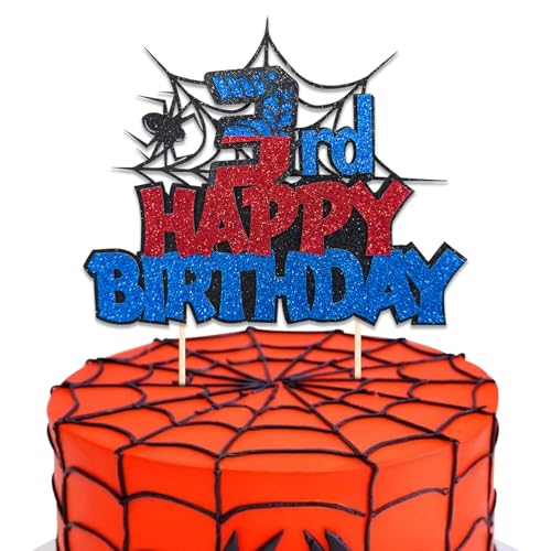 DazzJoy Glitzer Happy Birthday Tortendeko 3. Geburtstag Junge,Spider Cake Topper 3 Geburtstag Junge,Geburtstagsdeko 3 Jahre,Kuchendeko Spider,Torten Deko für Kindergeburtstag von Dazzjoy