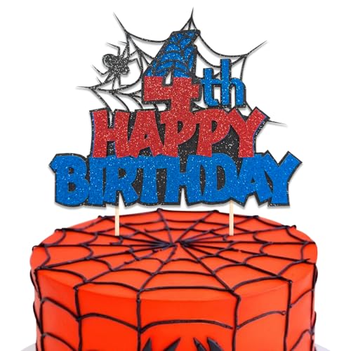 DazzJoy Spider Happy Birthday Cake Topper 4. Geburtstag Junge,Glitzer Tortendeko 4 Geburtstag Jungen,Spidey Geburtstagsdeko 4 Jahre Junge,Torten Deko für Kindergeburtstag von Dazzjoy