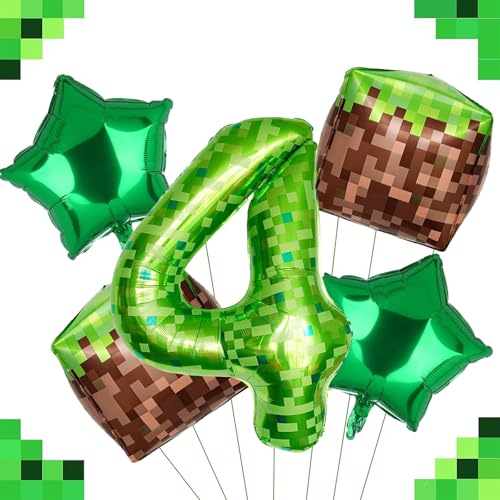 DazzJoy Pixel Geburtstagsdeko 4 Jahre Junge, Pixel Miner Luftballon 4 Jahre, Grün Pixel 40 Zoll Luftballons Zahlen 4, Videospiele Deko 4. Geburtstag Jungen, Helium Ballon 4 Geburtstag Junge von Dazzjoy