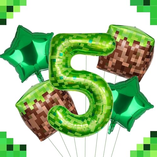 DazzJoy Pixel Geburtstagsdeko 5 Jahre Junge, Pixel Miner Luftballon 5 Jahre, Grün Pixel 40 Zoll Luftballons Zahlen 5, Gaming Folienballon 5. Geburtstag, Helium Ballon 5 Geburtstag Junge von Dazzjoy