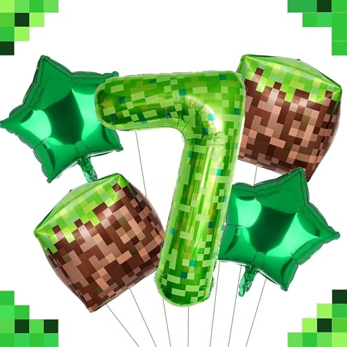 DazzJoy Pixel Geburtstagsdeko 7 Jahre Junge, Pixel Miner Luftballon 7 Jahre Junge, Grün Pixel 40 Zoll Luftballons Zahlen 7, Videospiele Geburtstag 5 Jahre Jungen, Helium Ballon 7 Geburtstag von Dazzjoy