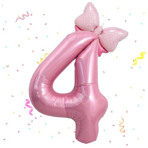 Zahlen Luftballon 4. Geburtstag, 40 Zoll Schleife Folienballon Zahl 4, Zahlenballon 4 Helium Ballon Rosa,Luftballon 4 Geburtstag Deko für 4 Jahre Mädchen Geburtstagsdeko,Babyparty,Jubiläum Party Deko von Dazzjoy