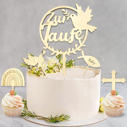 DazzJoy 5 Stk Holz Cake Topper Taufe Personalisiert, Tortendeko für Junge und Mädchen, Taufetortenaufleger, Zur Taufe Deko, Tauftorte von Dazzjoy