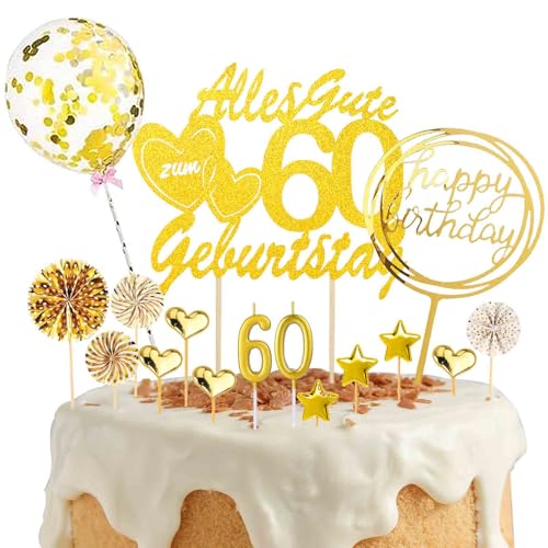 DazzJoy Tortendeko 60 Geburtstag Frau Mann,19 Stück Cake Topper 60 Geburtstag Deko,Glitzer 60 Geburtstag Kuchendeko Gold,Alles Gute Zum 60 Geburtstag Torten Deko mit Geburtstagskerzen,60 Deko Kuchen von Dazzjoy