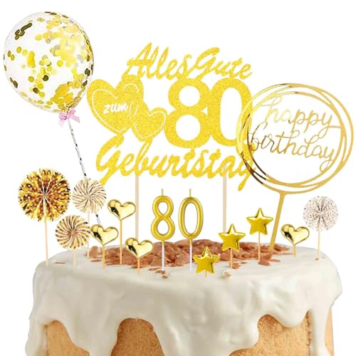 DazzJoy Tortendeko 80. Geburtstag, 19 Stück Cake Topper, Glitzer Kuchendeko für Frau Mann, Alles Gute Zum Geburtstag Torten Topper Mit Geburtstagskerzen Gold von Dazzjoy