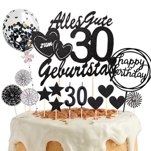 DazzJoy Tortendeko 30. Geburtstag Mann Frau - 19 Stück Cake Topper, Alles Gute zum 30. Kuchendeko mit Geburtstagskerzen, Glitzer Schwarz Kuchen Deko für Mann von Dazzjoy