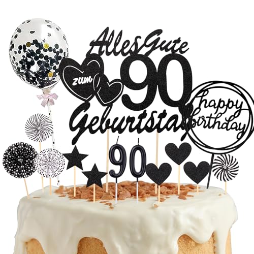 DazzJoy Tortendeko 90. Geburtstag - 19 Stück Cake Topper, Schwarz Kuchendeko Mit Geburtstagskerzen, Glitzer Happy 90th Birthday Deko für Torte Mann Frau von Dazzjoy